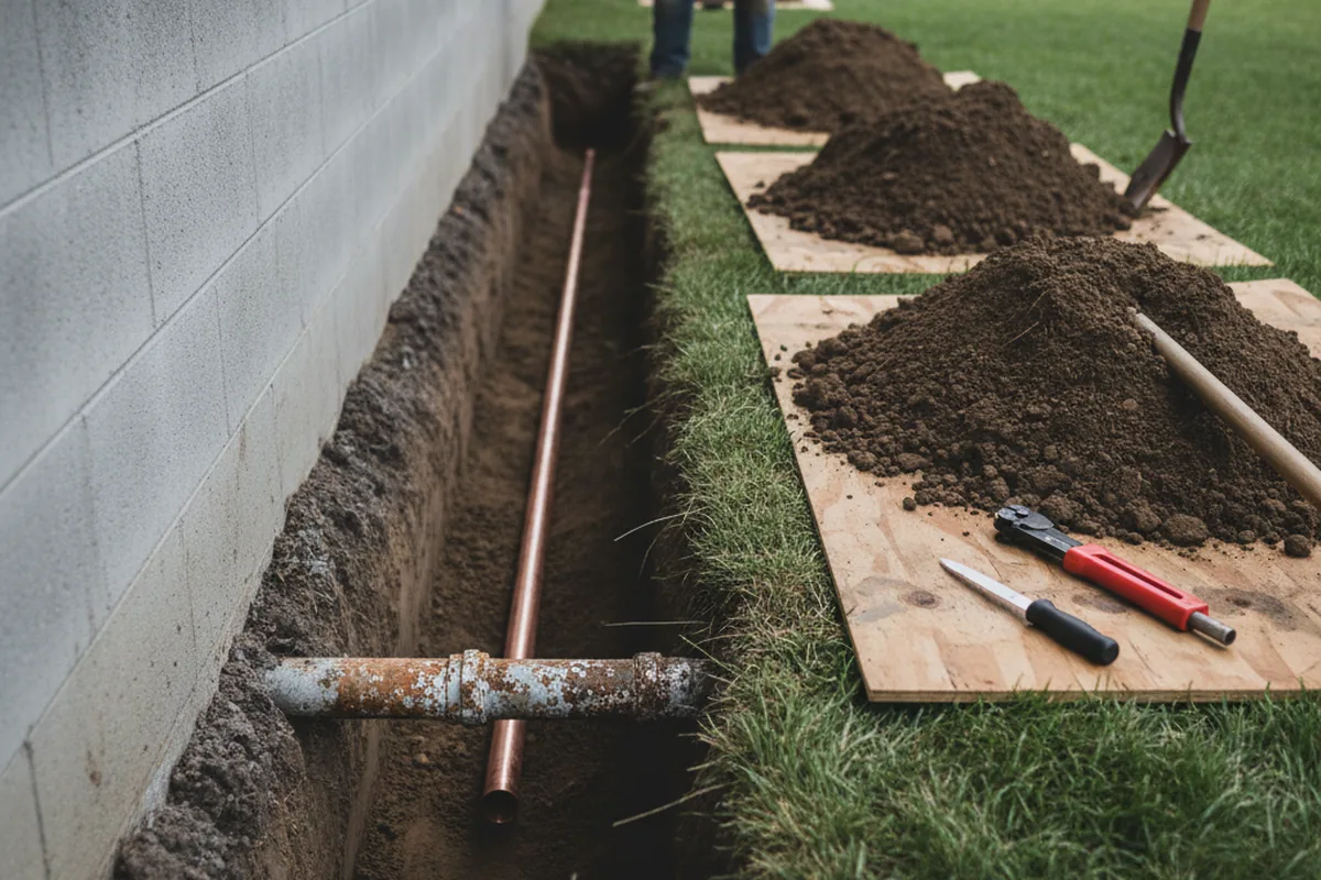 Excavated water line trench during Water Softener Installation in Ruston